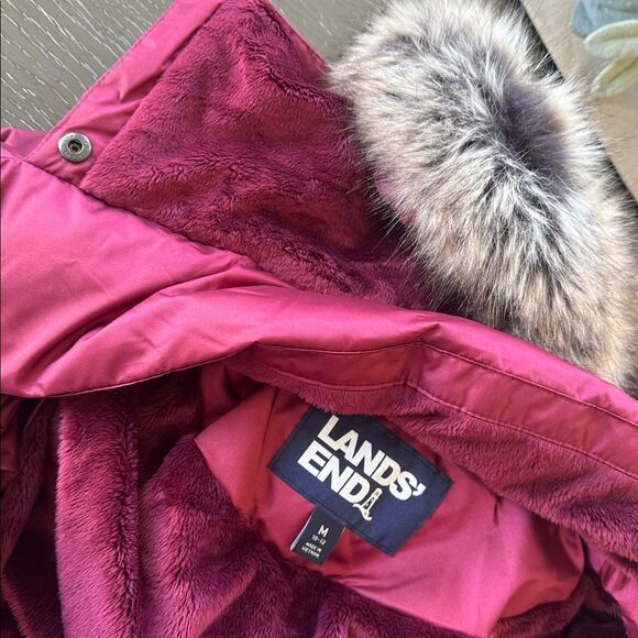 Lands' End PRIMALOFT Warm Burgundy Puffer Jacket Winter Coat Faux Fur Trim Sz M - Picture 11 of 16